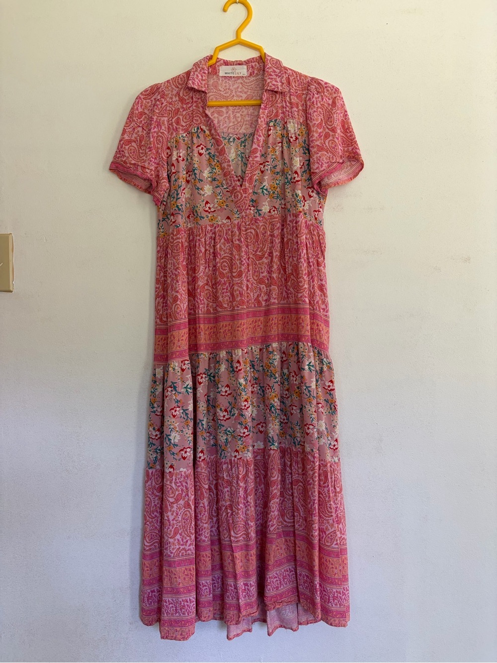 Pink Boho Tiered V-Neck Maxi Dress